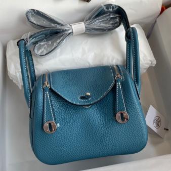 Hermes Mini Lindy Handmade Bag in Clemence Leather Blue Jean