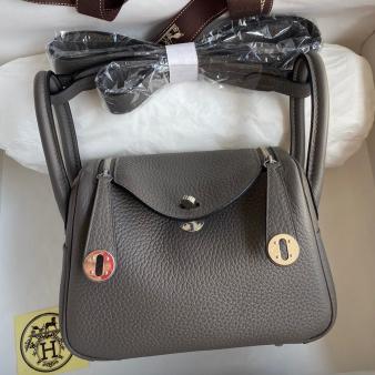 Hermes Mini Lindy Handmade Bag in Clemence Leather Etain