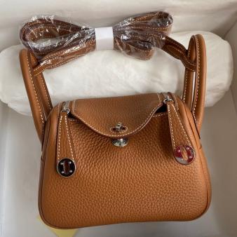 Hermes Mini Lindy Handmade Bag in Clemence Leather Gold