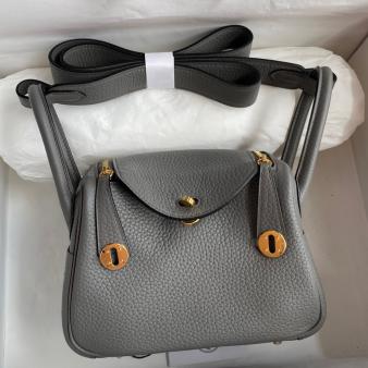 Hermes Mini Lindy Handmade Bag in Clemence Leather Gris Meyer