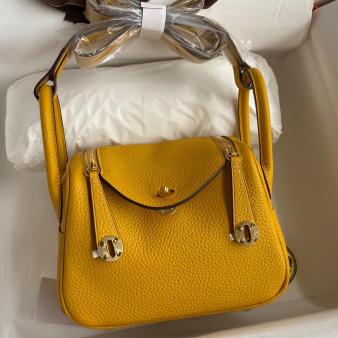 Hermes Mini Lindy Handmade Bag in Clemence Leather Jaune Ambre