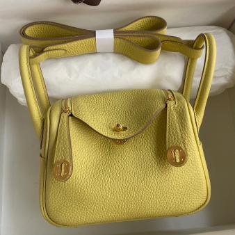 Hermes Mini Lindy Handmade Bag in Clemence Leather Jaune Poussin