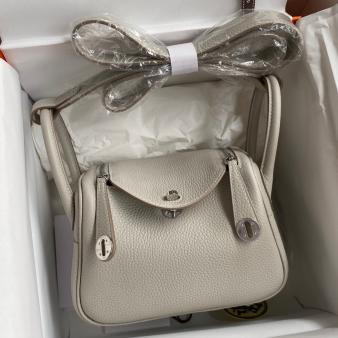 Hermes Mini Lindy Handmade Bag in Clemence Leather Pearl Grey