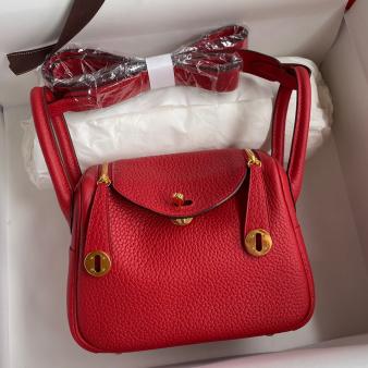 Hermes Mini Lindy Handmade Bag in Clemence Leather Red