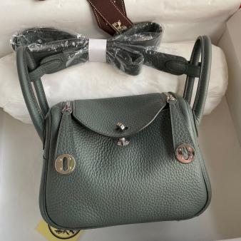 Hermes Mini Lindy Handmade Bag in Clemence Leather Vert Amande