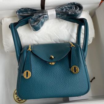 Hermes Mini Lindy Handmade Bag in Clemence Leather Vert Bosphore