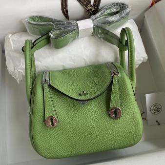 Hermes Mini Lindy Handmade Bag in Clemence Leather Vert Cypres