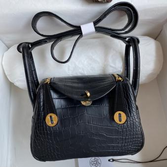 Hermes Mini Lindy Handmade Bag in Matte Black Alligator Leather