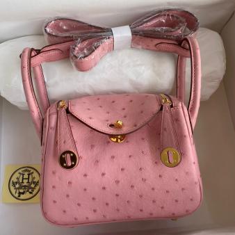 Hermes Mini Lindy Handmade Bag in Ostrich Leather Rose Sakura