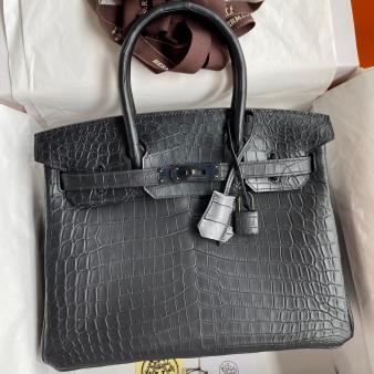 Hermes Niloticus Matte Skin Crocodile 30 Handmade Birkin Bag In Black