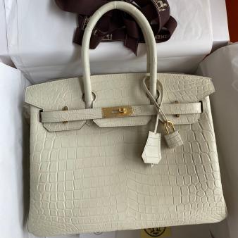 Hermes Niloticus Matte Skin Crocodile 30 Handmade Birkin Bag In Craie