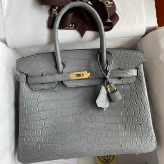 Hermes Niloticus Matte Skin Crocodile 30 Handmade Birkin Bag In Etain