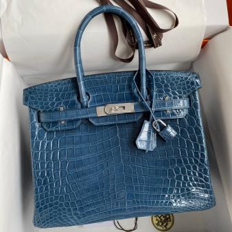 Hermes Niloticus Shiny Skin Crocodile 30 Handmade Birkin Bag In Blue Tempete