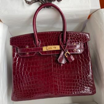 Hermes Niloticus Shiny Skin Crocodile 30 Handmade Birkin Bag In Bordeaux