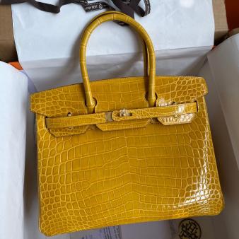 Hermes Niloticus Shiny Skin Crocodile 30 Handmade Birkin Bag In Jaune Ambre