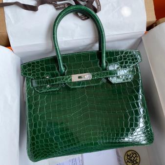 Hermes Niloticus Shiny Skin Crocodile 30 Handmade Birkin Bag In Malachite