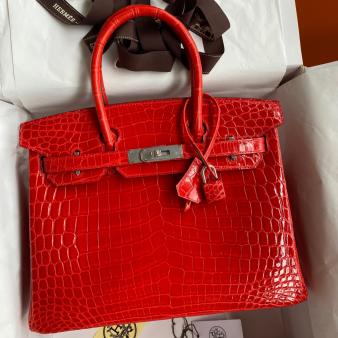 Hermes Niloticus Shiny Skin Crocodile 30 Handmade Birkin Bag In Red