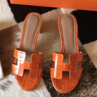 Hermes Oasis Sandals in Shiny Niloticus Crocodile Orange