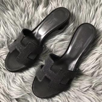 Hermes Oasis Sandals in Suede Black with Rhinestone