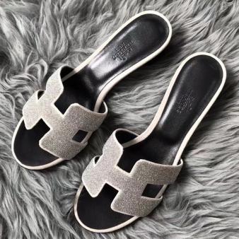 Hermes Oasis Sandals in Suede White with Rhinestone