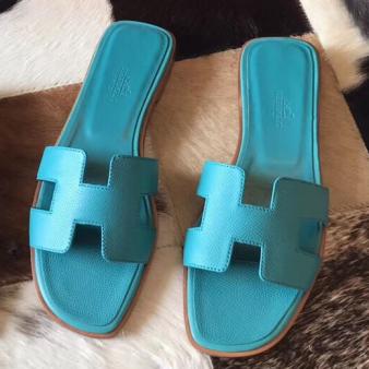 Hermes Oran Sandals Epsom Leather Blue Paon