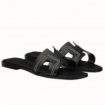 Hermes Oran Sandals Leather Black With Stitched Detail