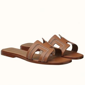 Hermes Oran Sandals Leather Brown With Stitched Detail