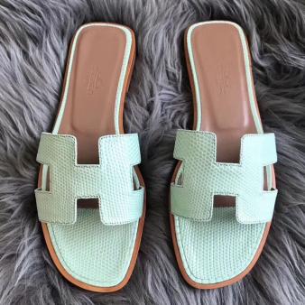 Hermes Oran Sandals Lizard Leather Aqua