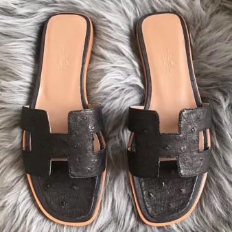 Hermes Oran Sandals Ostrich Leather Black