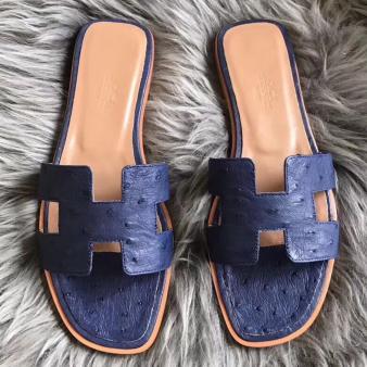 Hermes Oran Sandals Ostrich Leather Blue