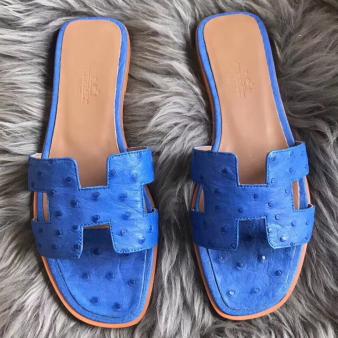 Hermes Oran Sandals Ostrich Leather Blue Hydra