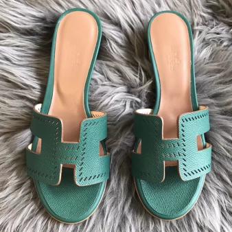 Hermes Oran Sandals Perforated Epsom Leather Malachite