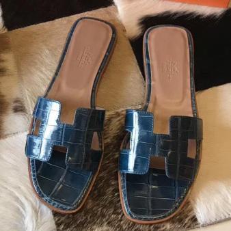 Hermes Oran Sandals Shiny Niloticus Crocodile Blue