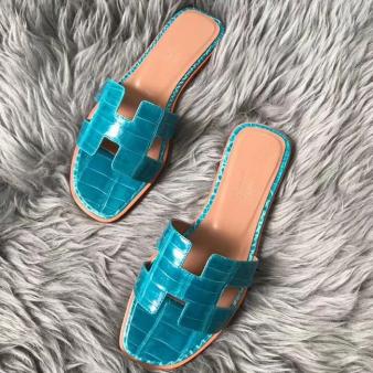 Hermes Oran Sandals Shiny Niloticus Crocodile Blue Paon