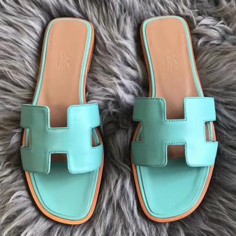 Hermes Oran Sandals Swift Leather Blue Atoll