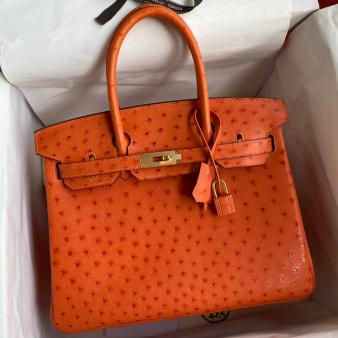 Hermes Ostrich Leather 30 Retourne Handmade Bag In Orange