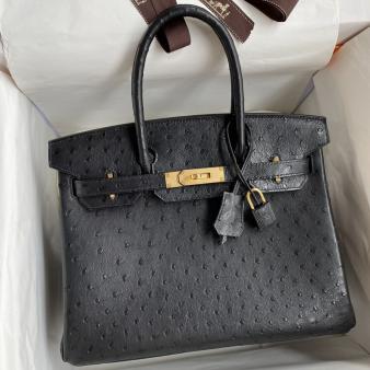 Hermes Ostrich Leather Black Birkin 30 Retourne Handmade Bag