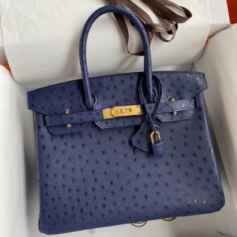 Hermes Ostrich Leather Blue Iris Birkin 30 Retourne Handmade Bag