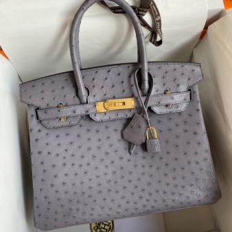 Hermes Ostrich Leather Gris Asphalt Birkin 30 Retourne Handmade Bag