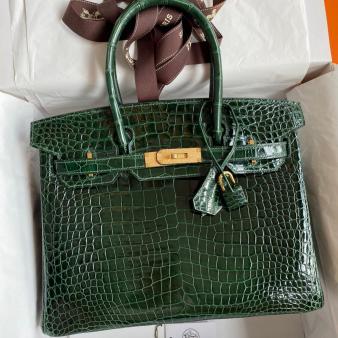 Hermes Porosus Shiny Skin Crocodile 30 Handmade Birkin Bag In Green