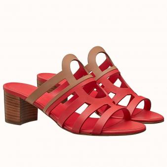 Hermes Red/Brown Calfskin Celena Sandals 50mm