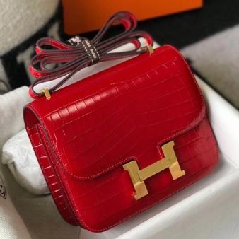 Hermes Red Embossed Crocodile Constance 18 Handmade Bag