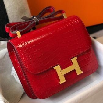 Hermes Red Embossed Crocodile Constance 24cm Bag