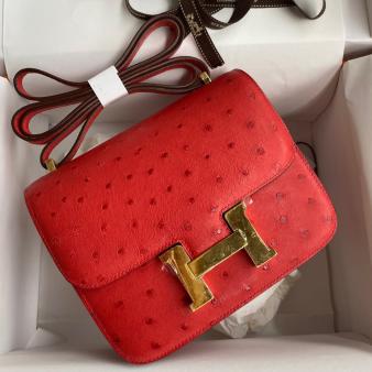 Hermes Red Ostrich Leather Constance 18 Handmade Bag