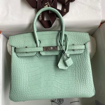 Hermes Retourne Birkin Bag 25 Handmade In Matte Vert D'eau Alligator Leather