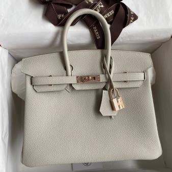 Hermes Retourne Birkin Bag 25 Handmade In Pearl Grey Clemence Leather