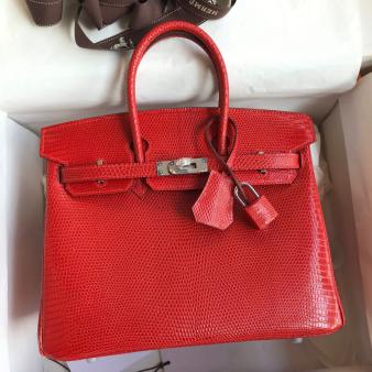 Hermes Retourne Birkin Bag 25 Handmade In Red Lizard Leather