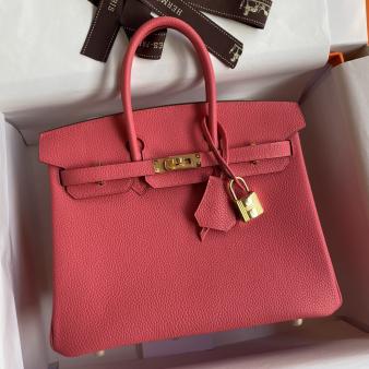 Hermes Retourne Birkin Bag 25 Handmade In Rose Lipstick Clemence Leather