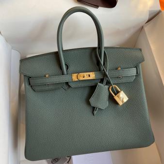 Hermes Retourne Birkin Bag 25 Handmade In Vert Amande Clemence Leather