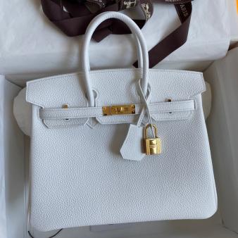 Hermes Retourne Birkin Bag 25 Handmade In White Clemence Leather